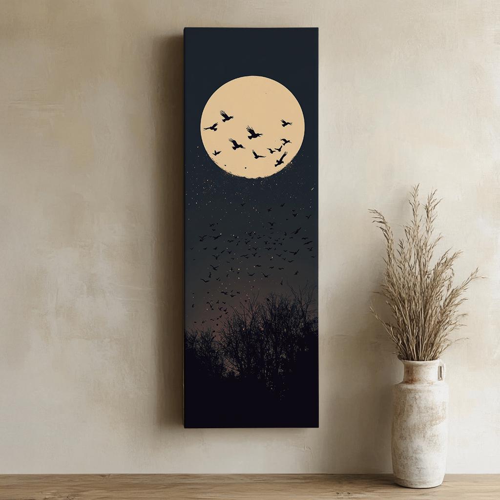 Nocturnal Avian Migration Canvas Art | Silhouette Print | Bohemian Wall Art For Living Room | Moonlit Ember Art Long Vertical Art