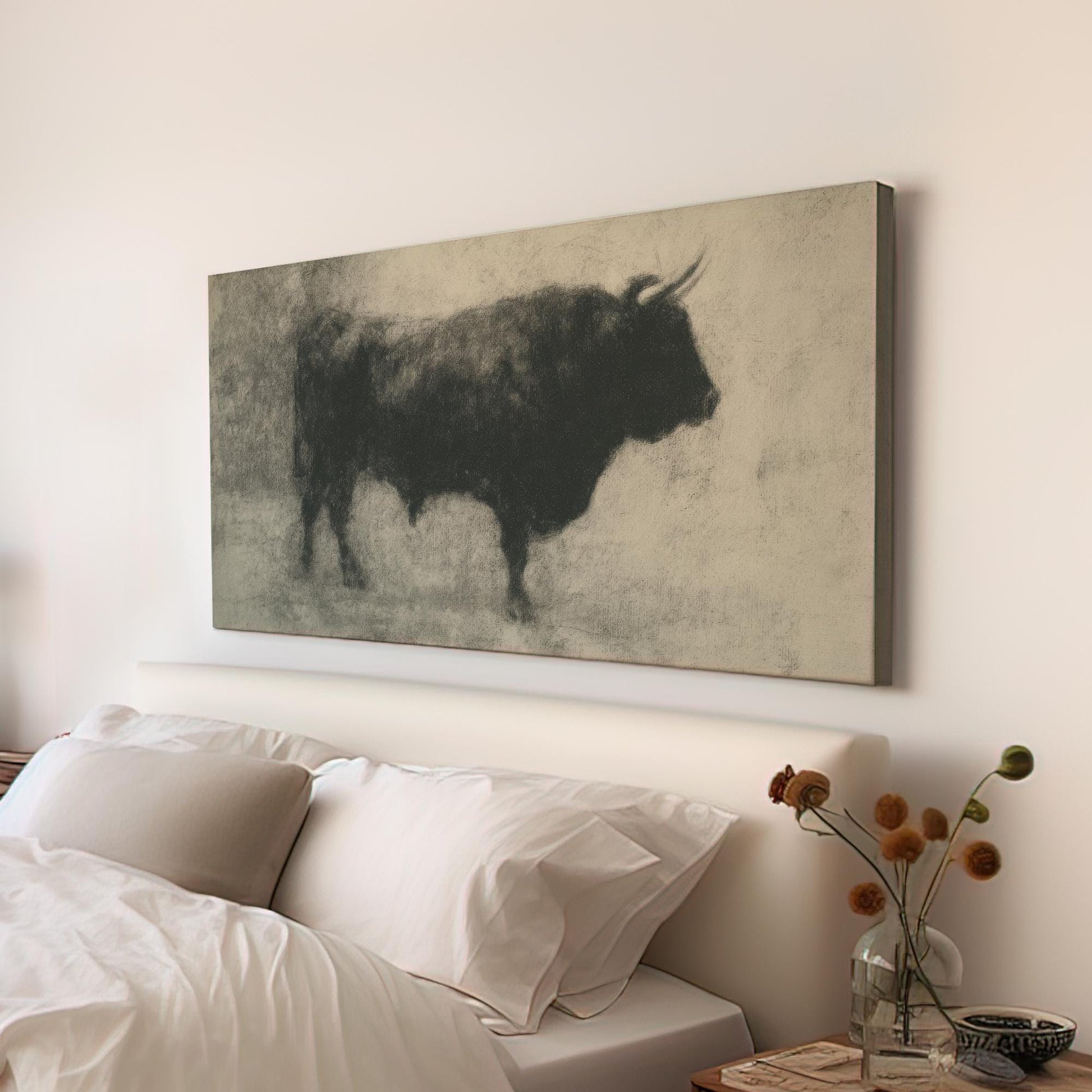Noble Iberian Bull Canvas Art | Charcoal Sketch Print | Minimalist Wall Art For Living Room | Smoky Charcoal Art Horizontal Art