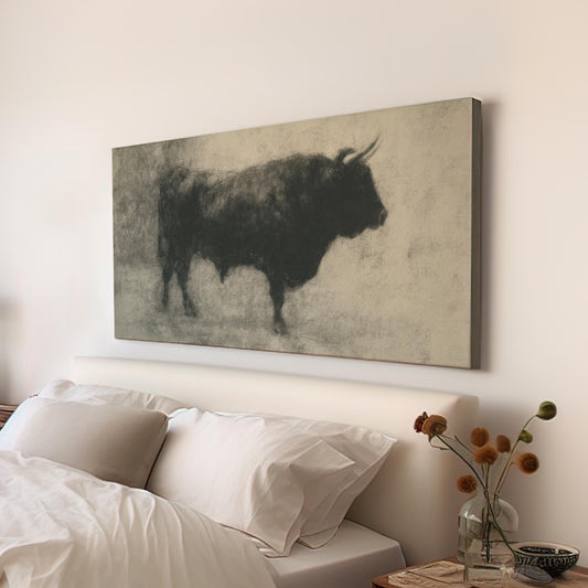 Noble Iberian Bull Canvas Art | Charcoal Sketch Print | Minimalist Wall Art For Living Room | Smoky Charcoal Art Horizontal Art
