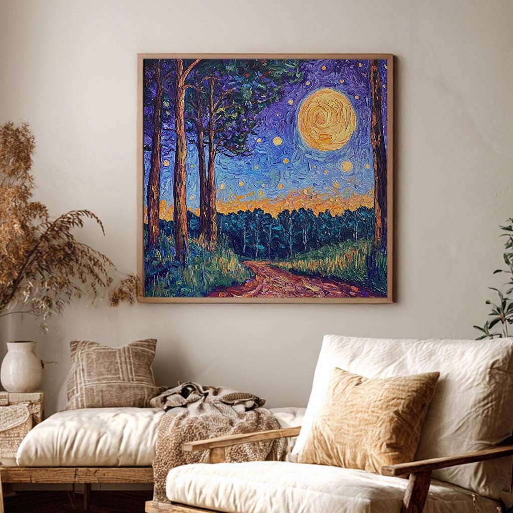 Nightfall Path Canvas Art | Impasto Print | Bohemian Wall Art For Living Room | Golden Hour Art | Tranquil Decor Square Canvas Art