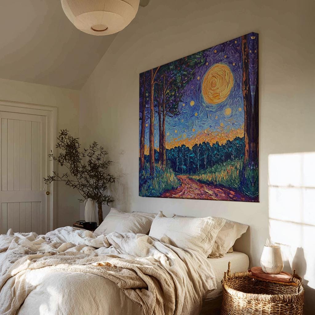 Nightfall Path Canvas Art | Impasto Print | Bohemian Wall Art For Living Room | Golden Hour Art | Tranquil Decor Square Canvas Art