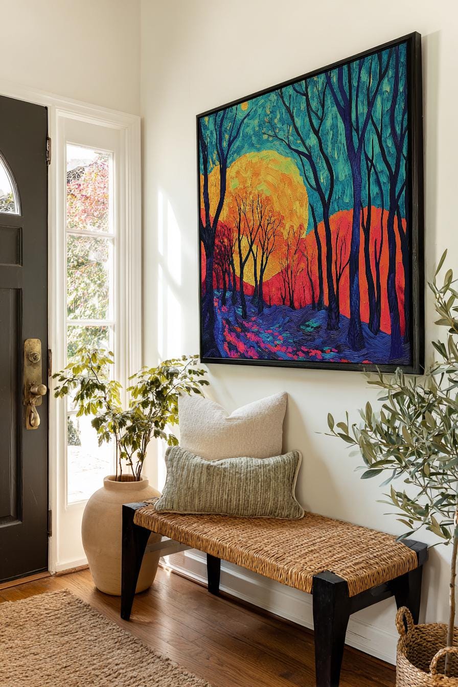 Nightfall Forest Path Canvas Art | Impasto Print | Biophilic Wall Art For Living Room | Cerulean Sunset Art Square Canvas Art
