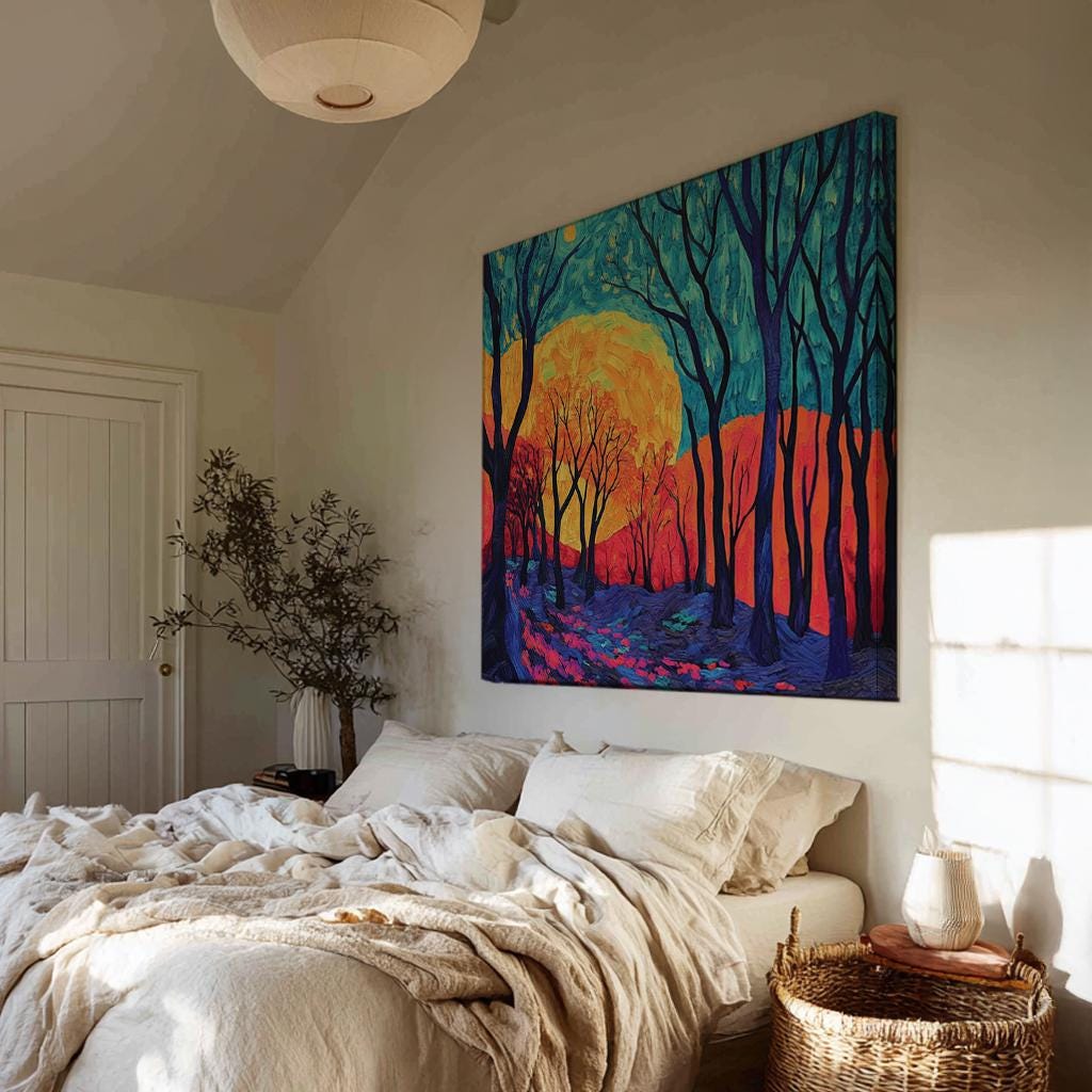 Nightfall Forest Path Canvas Art | Impasto Print | Biophilic Wall Art For Living Room | Cerulean Sunset Art Square Canvas Art