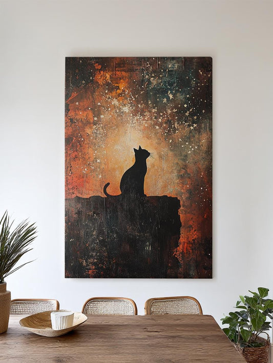 Night Watch Cat Canvas Art | Impasto Texture Print | Bohemian Wall Art For Living Room | Ember Glow Art Vertical Canvas