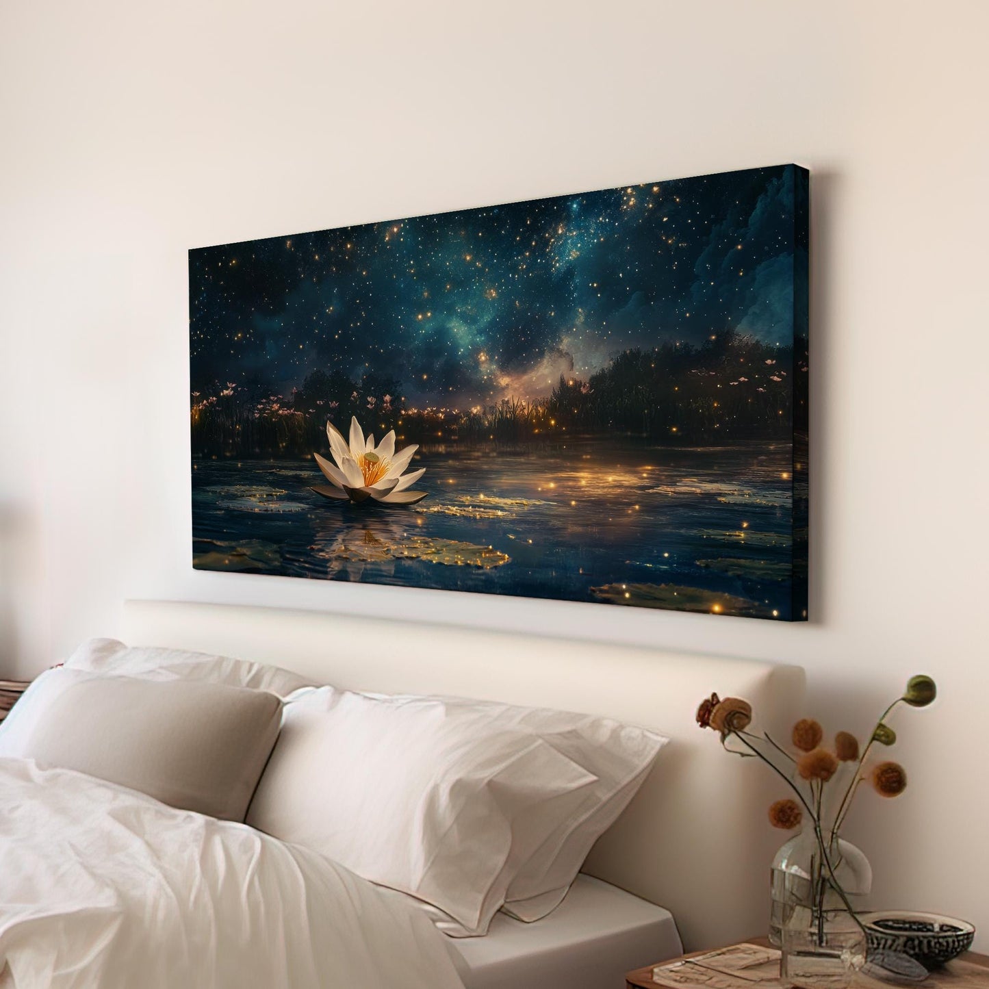 Night Blooming Lotus Canvas Art | Firefly Fantasy Print | Zen Minimalist Wall Art For Bedroom | Celestial Twilight Art Horizontal Art