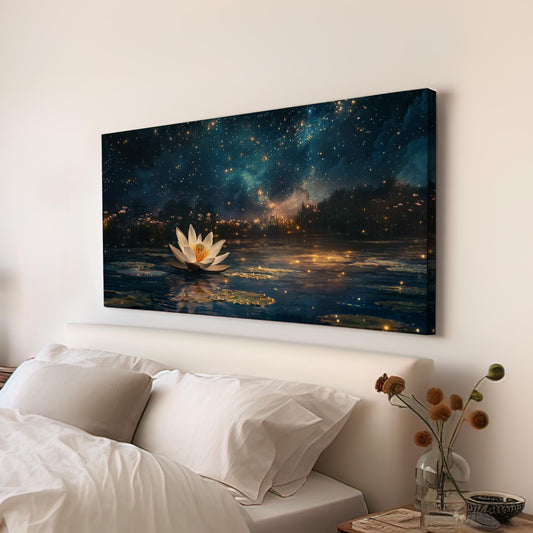 Night Blooming Lotus Canvas Art | Firefly Fantasy Print | Zen Minimalist Wall Art For Bedroom | Celestial Twilight Art Horizontal Art