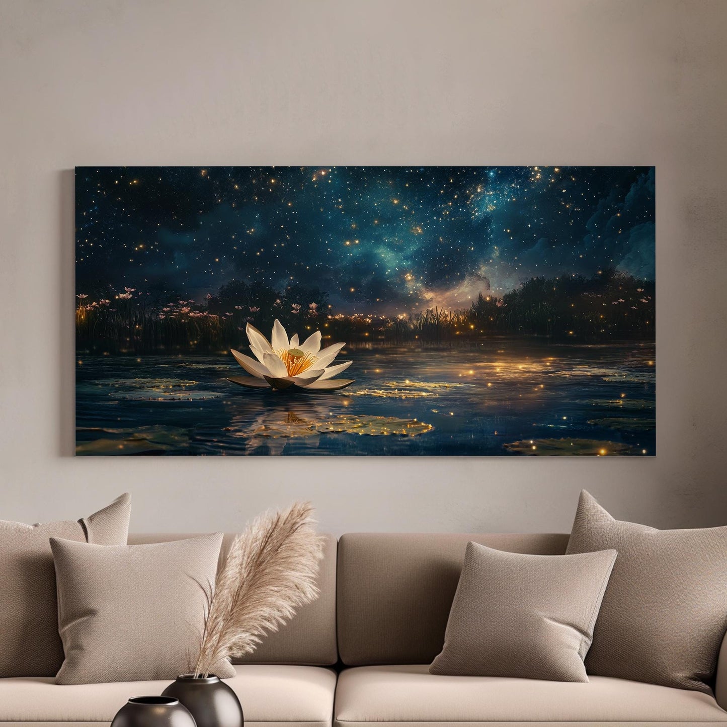Night Blooming Lotus Canvas Art | Firefly Fantasy Print | Zen Minimalist Wall Art For Bedroom | Celestial Twilight Art Horizontal Art