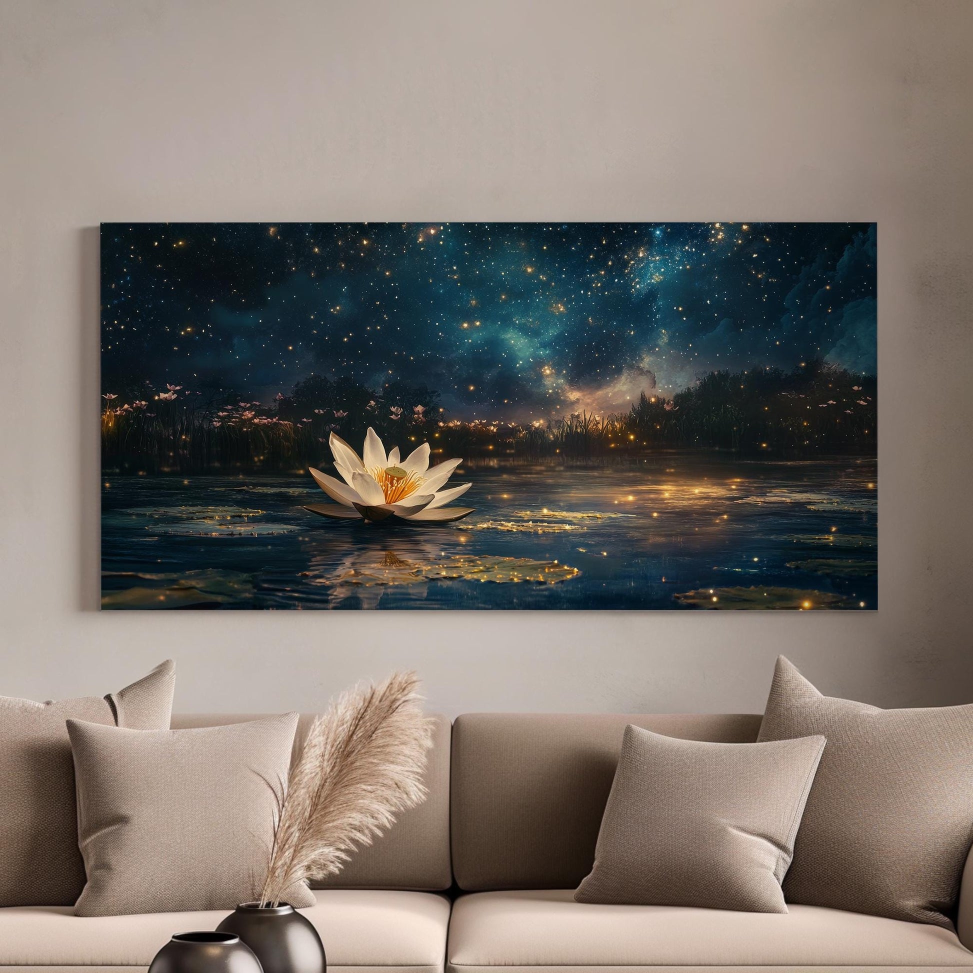Night Blooming Lotus Canvas Art | Firefly Fantasy Print | Zen Minimalist Wall Art For Bedroom | Celestial Twilight Art Horizontal Art