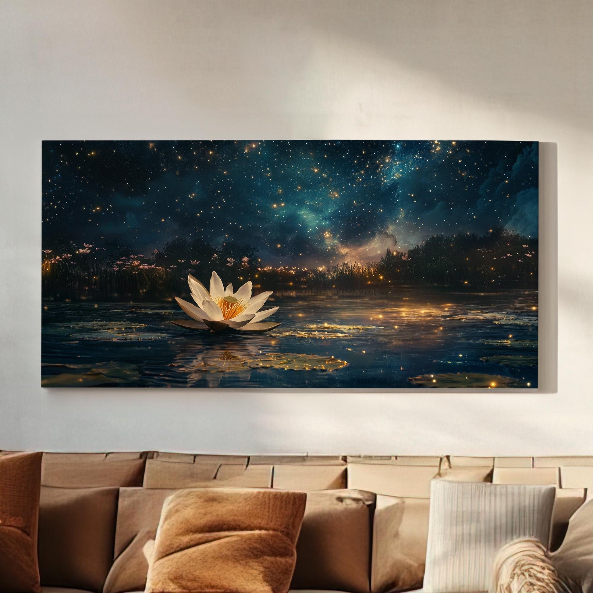 Night Blooming Lotus Canvas Art | Firefly Fantasy Print | Zen Minimalist Wall Art For Bedroom | Celestial Twilight Art Horizontal Art