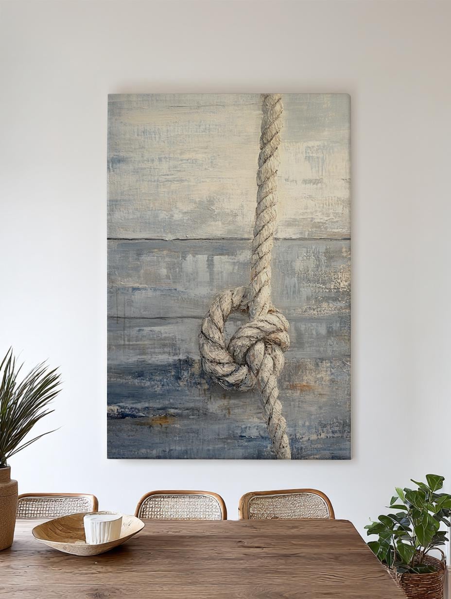 Nautical Rope Knot Canvas Art | Impasto Textured Print | Coastal Farmhouse Wall Art For Living Room | Driftwood Gray Art Vertical Canvas