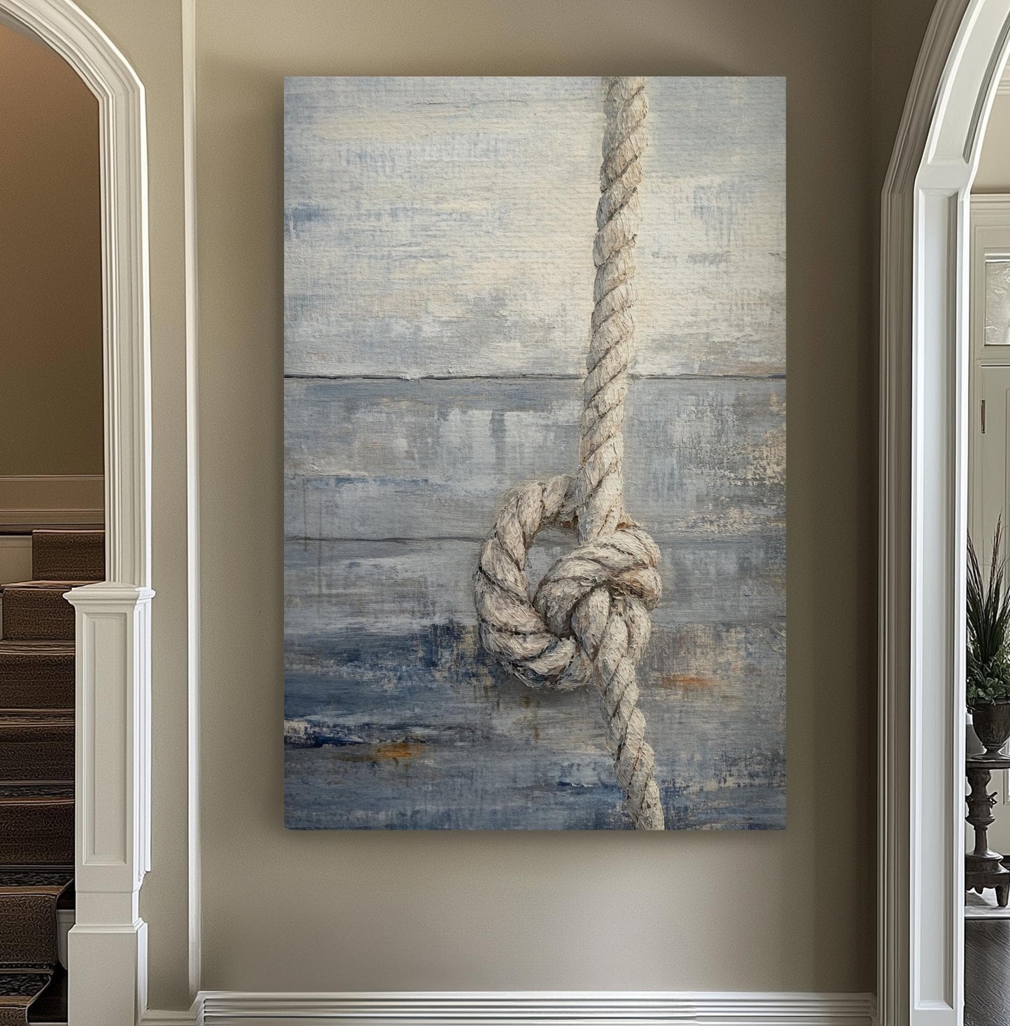 Nautical Rope Knot Canvas Art | Impasto Textured Print | Coastal Farmhouse Wall Art For Living Room | Driftwood Gray Art Vertical Canvas