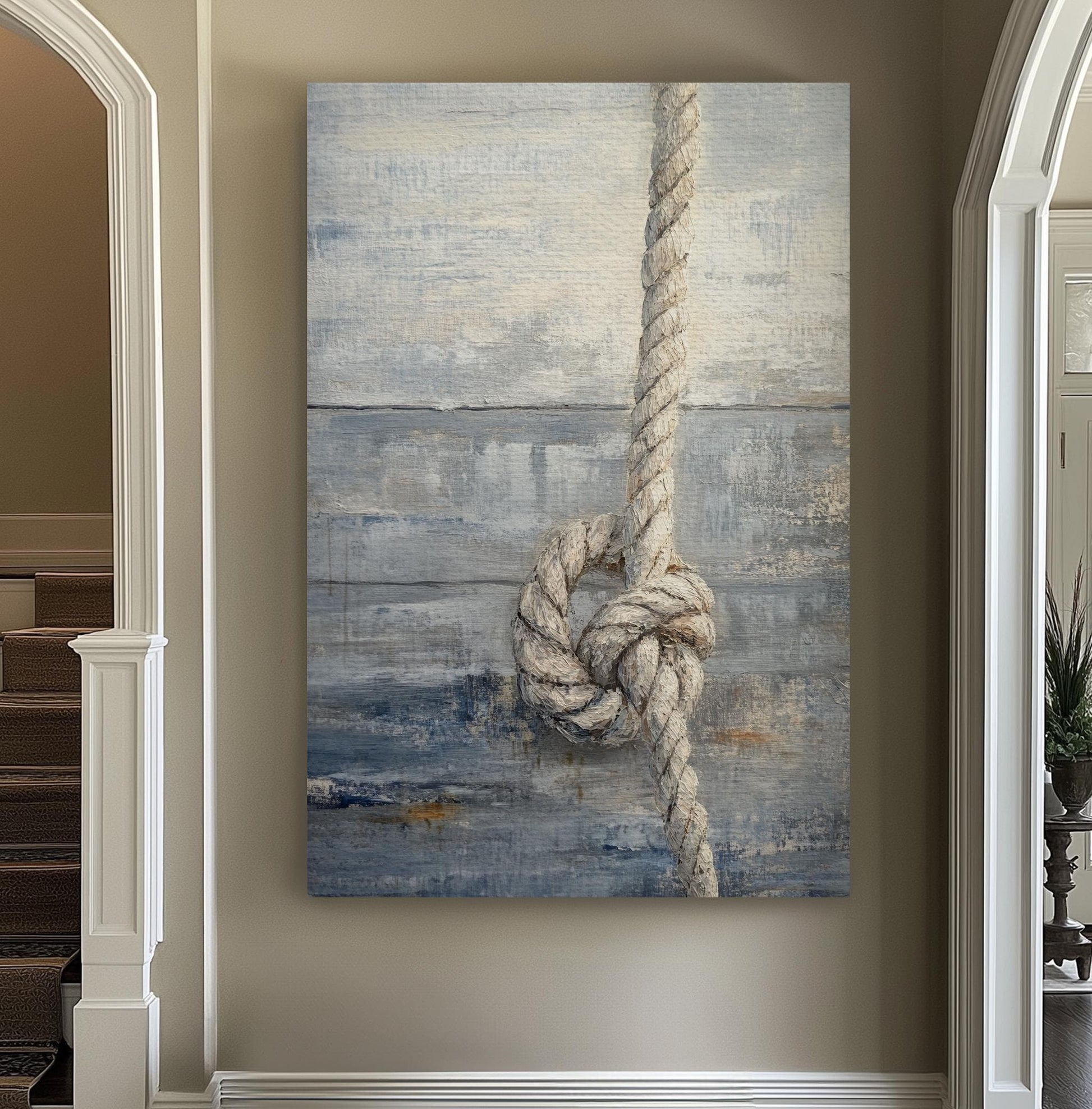 Nautical Rope Knot Canvas Art | Impasto Textured Print | Coastal Farmhouse Wall Art For Living Room | Driftwood Gray Art Vertical Canvas