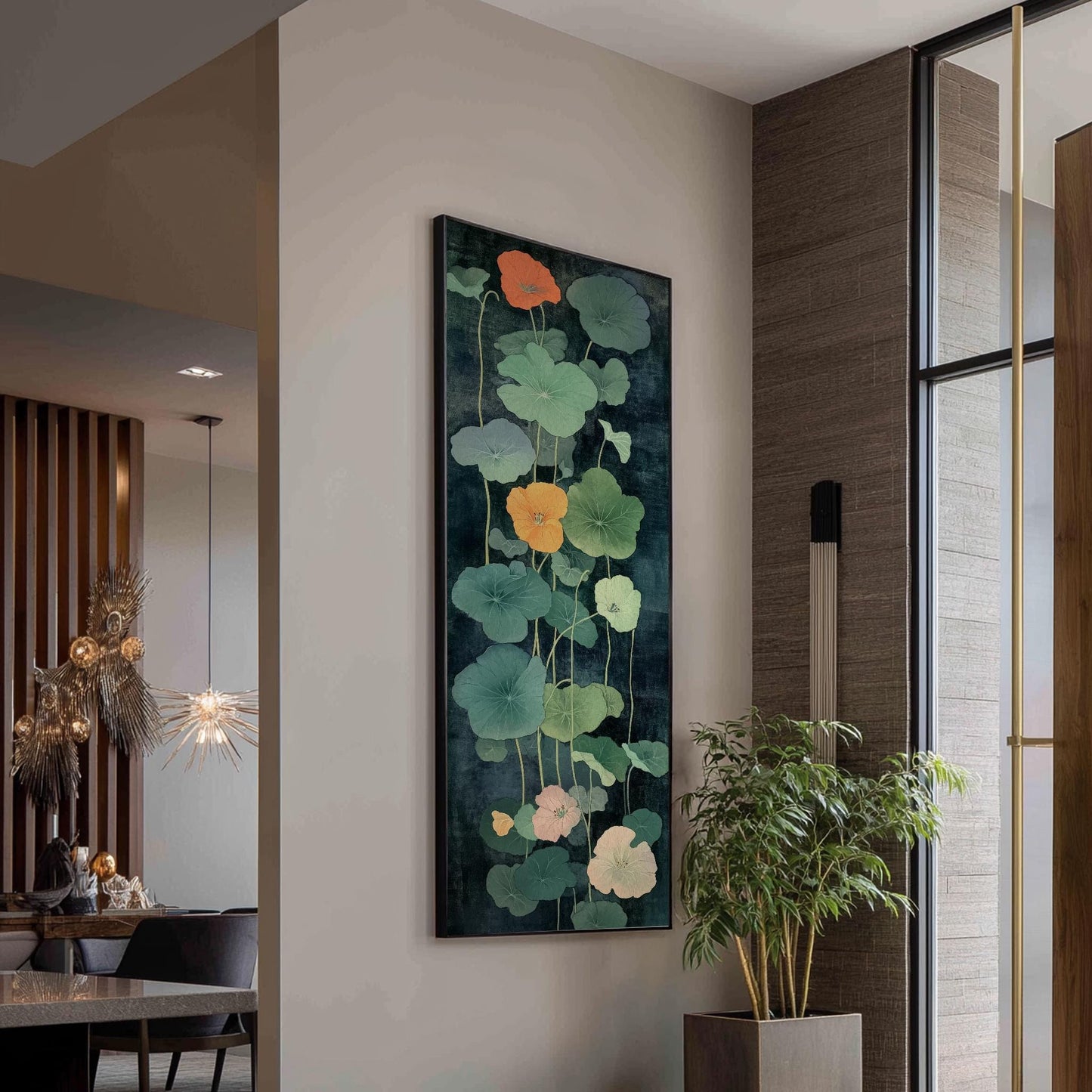Nasturtium Botanical Canvas Art | Japanese Woodblock Print | Wabi Sabi Wall Art For Living Room | Jadeite Green Art Long Vertical Art