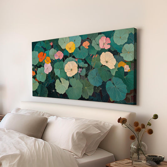Nasturtium Botanical Canvas Art | Impasto Print | Bohemian Wall Art For Living Room | Jadeite Art | Tranquil Decor Horizontal Art