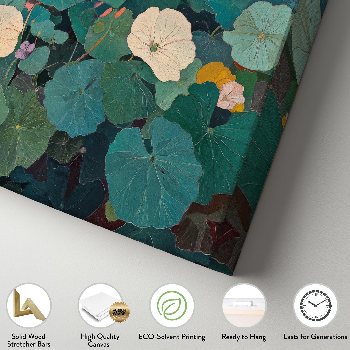 Nasturtium Botanical Canvas Art | Impasto Print | Bohemian Wall Art For Living Room | Jadeite Art | Tranquil Decor Horizontal Art