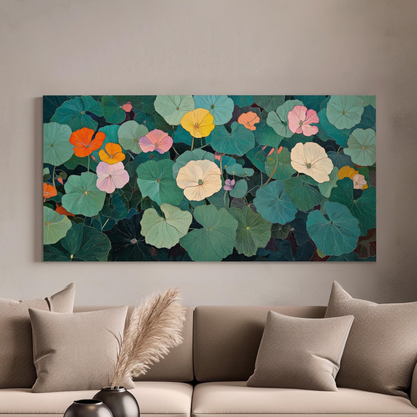 Nasturtium Botanical Canvas Art | Impasto Print | Bohemian Wall Art For Living Room | Jadeite Art | Tranquil Decor Horizontal Art