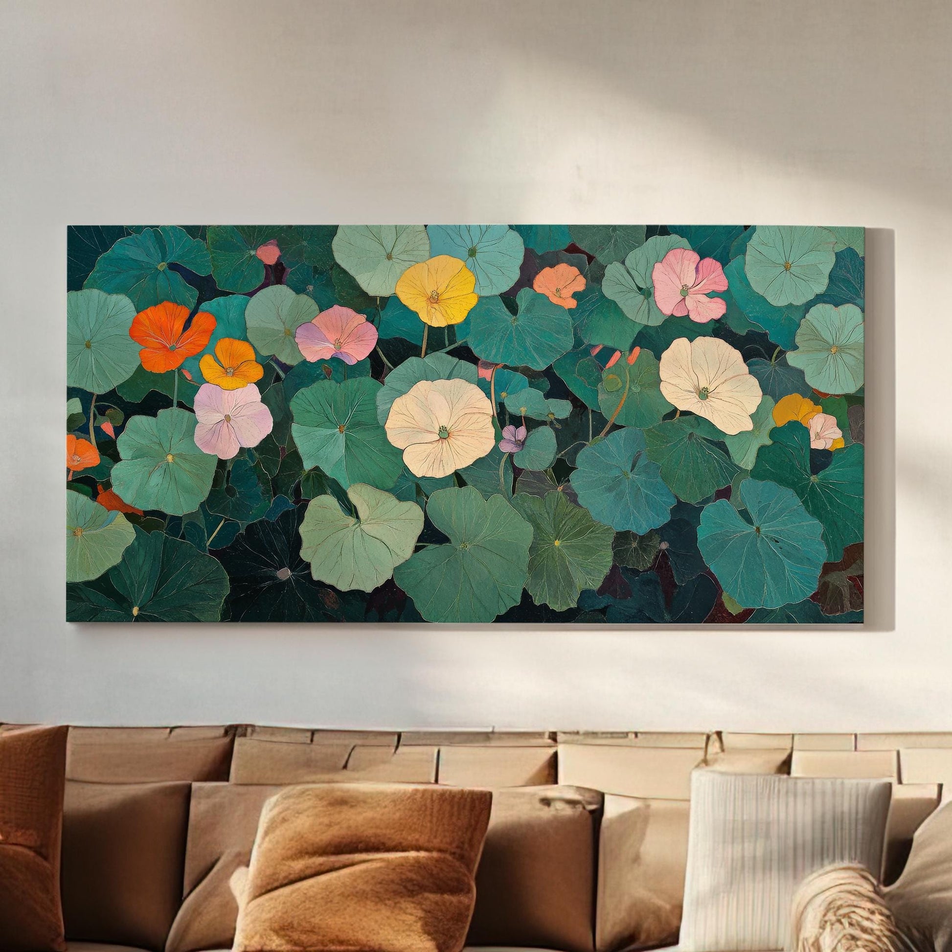 Nasturtium Botanical Canvas Art | Impasto Print | Bohemian Wall Art For Living Room | Jadeite Art | Tranquil Decor Horizontal Art