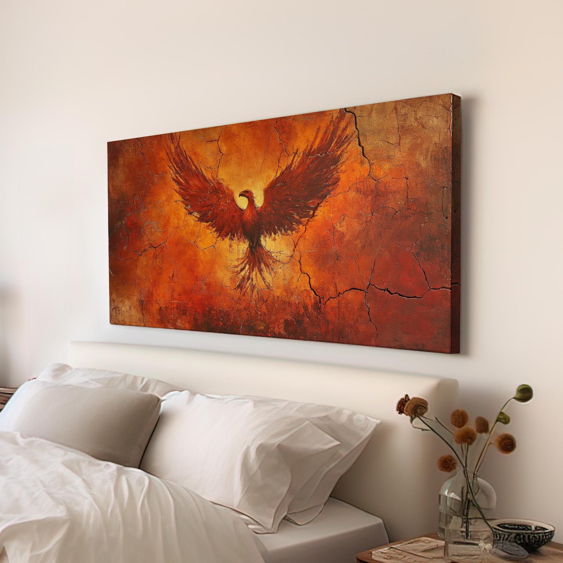 Mythical Phoenix Canvas Art | Impasto Textural Print | Bohemian Wall Art For Living Room | Fiery Ember Art Horizontal Art