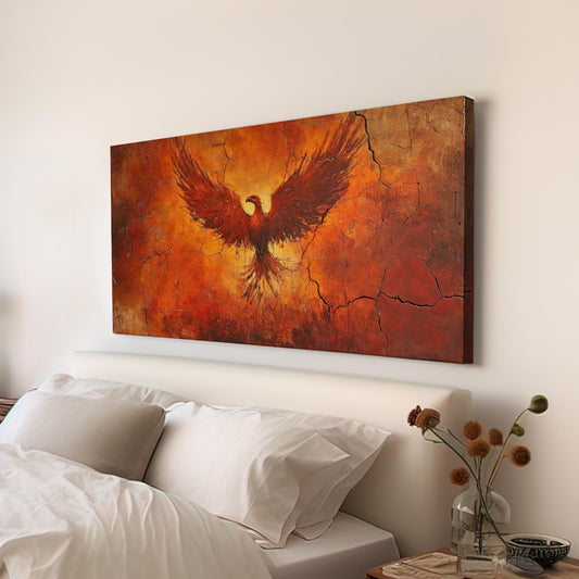 Mythical Phoenix Canvas Art | Impasto Textural Print | Bohemian Wall Art For Living Room | Fiery Ember Art Horizontal Art