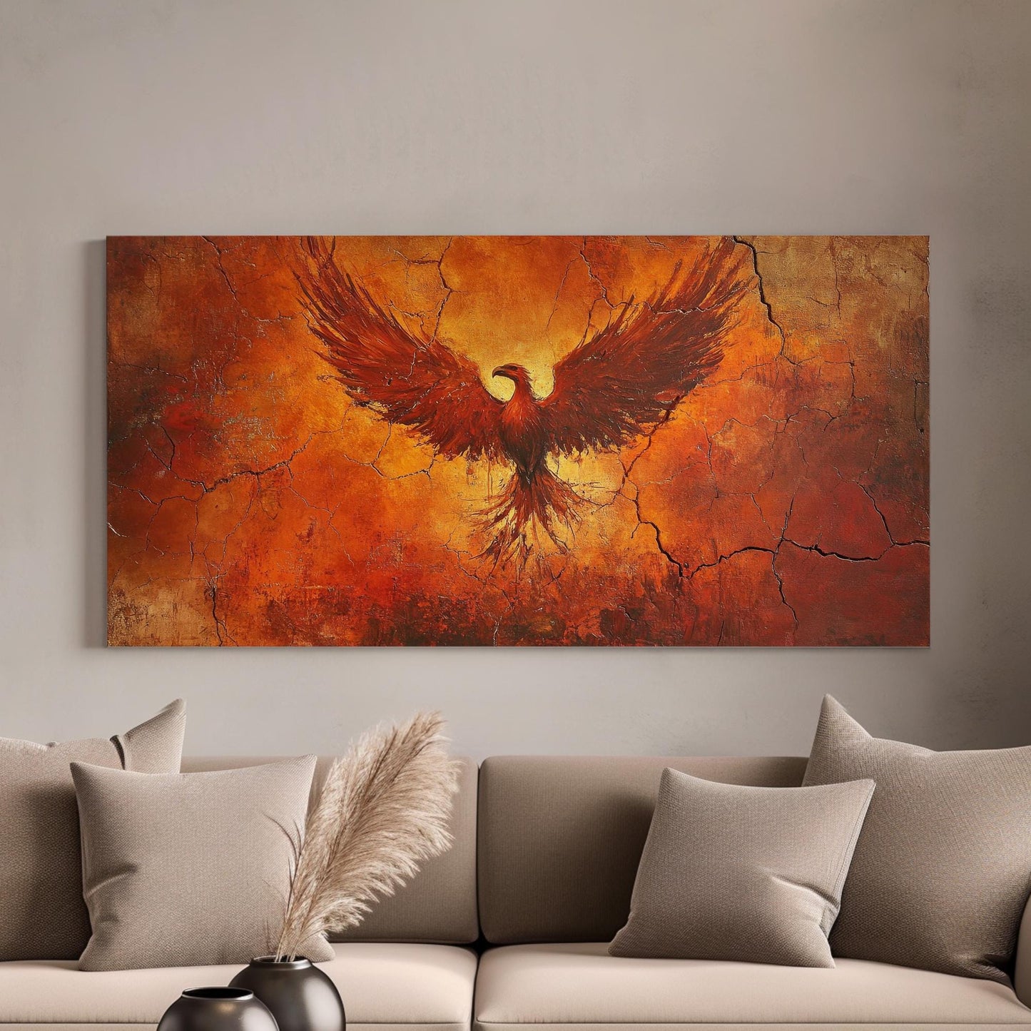 Mythical Phoenix Canvas Art | Impasto Textural Print | Bohemian Wall Art For Living Room | Fiery Ember Art Horizontal Art