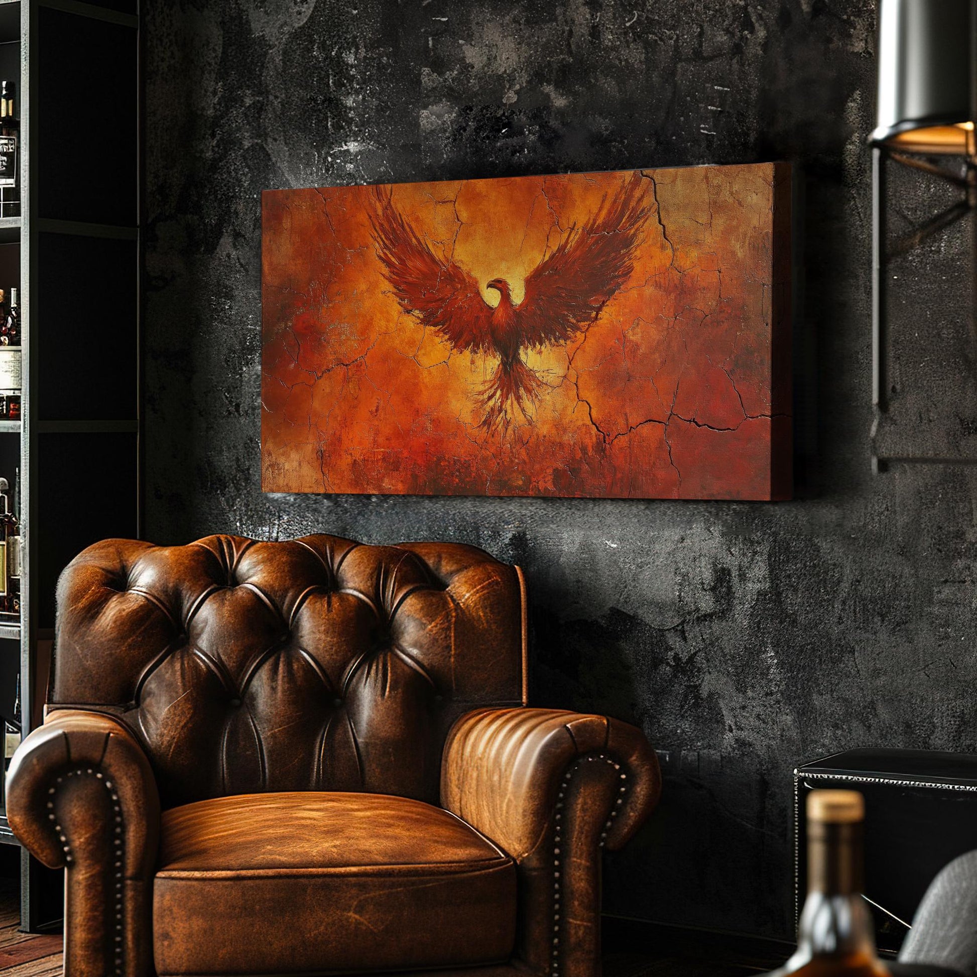 Mythical Phoenix Canvas Art | Impasto Textural Print | Bohemian Wall Art For Living Room | Fiery Ember Art Horizontal Art