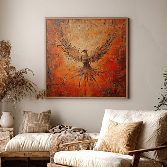 Mythical Phoenix Canvas Art | Crackle Glaze Print | Bohemian Wall Art For Living Room | Burnt Sienna Art Square Canvas Art