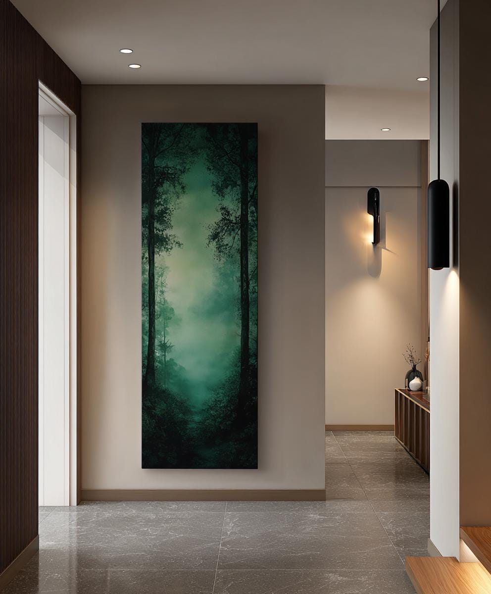 Mystical Forest Path Canvas Art | Watercolor Wash Print | Biophilic Wall Art For Living Room | Jadeite Green Art Long Vertical Art