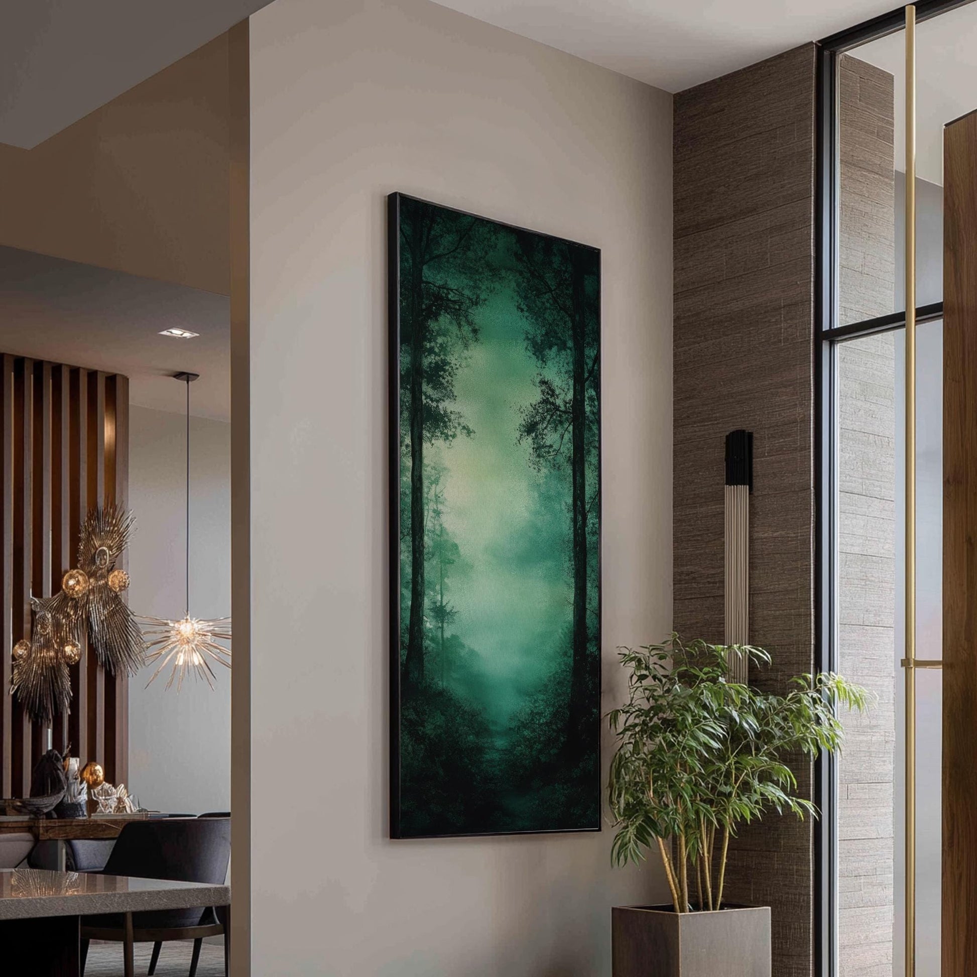 Mystical Forest Path Canvas Art | Watercolor Wash Print | Biophilic Wall Art For Living Room | Jadeite Green Art Long Vertical Art