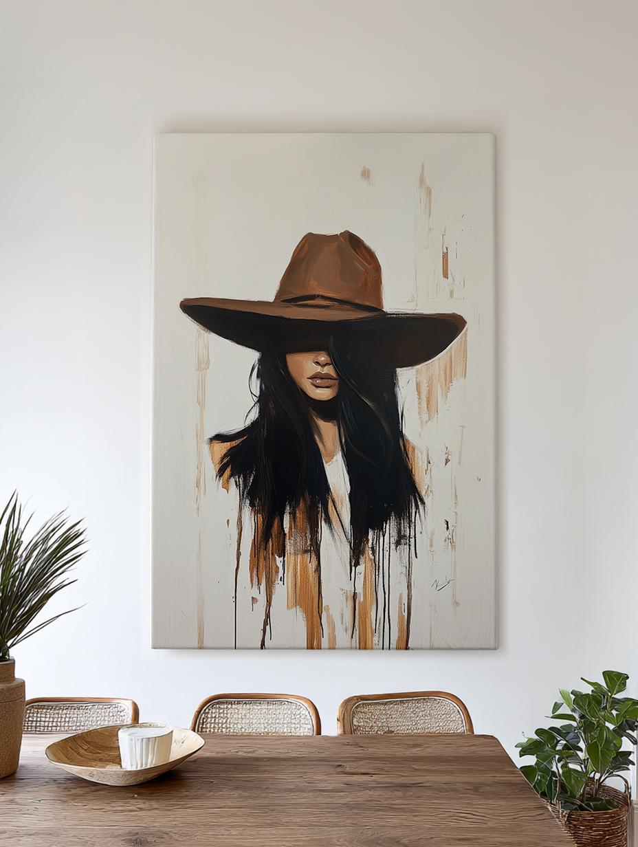 Mysterious Woman Canvas Art | Impasto Brushstroke Print | Bohemian Wall Art For Above Couch | Taupe Espresso Art Vertical Canvas