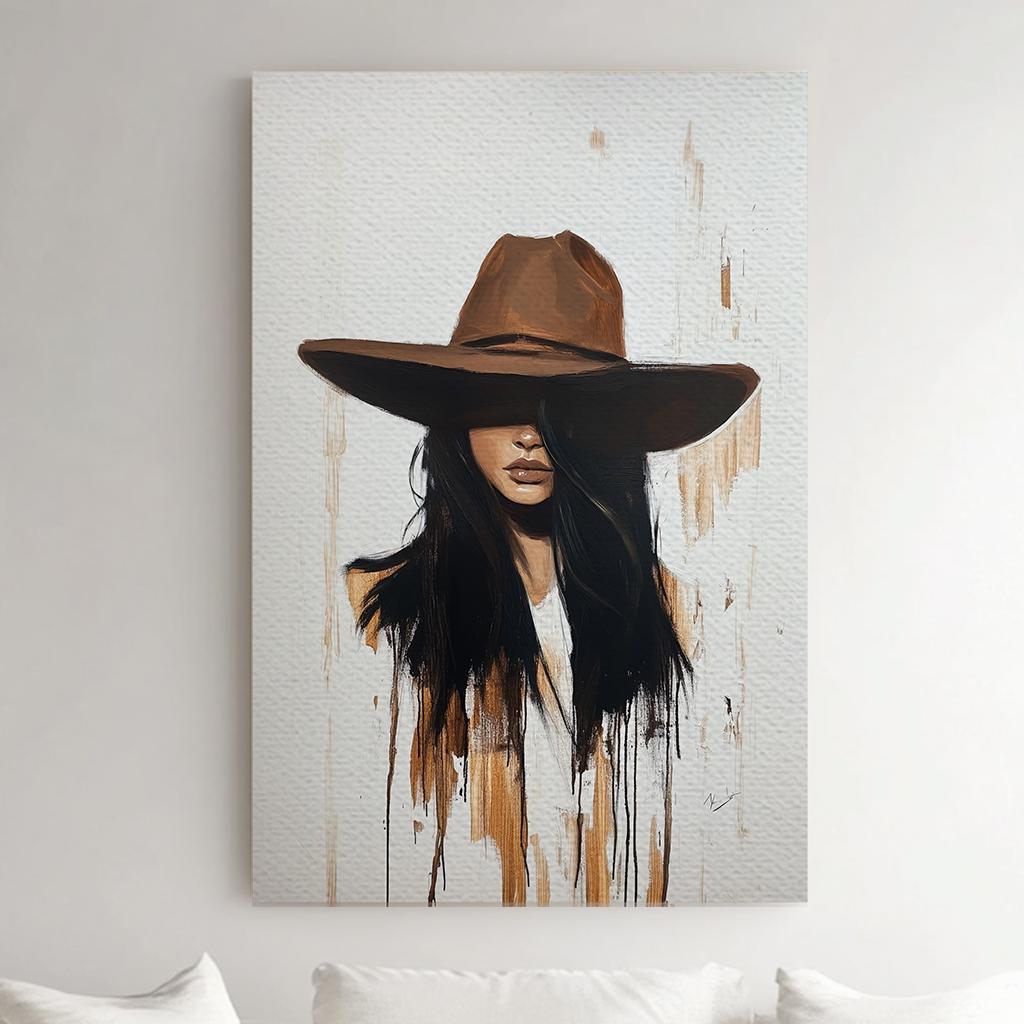 Mysterious Woman Canvas Art | Impasto Brushstroke Print | Bohemian Wall Art For Above Couch | Taupe Espresso Art Vertical Canvas