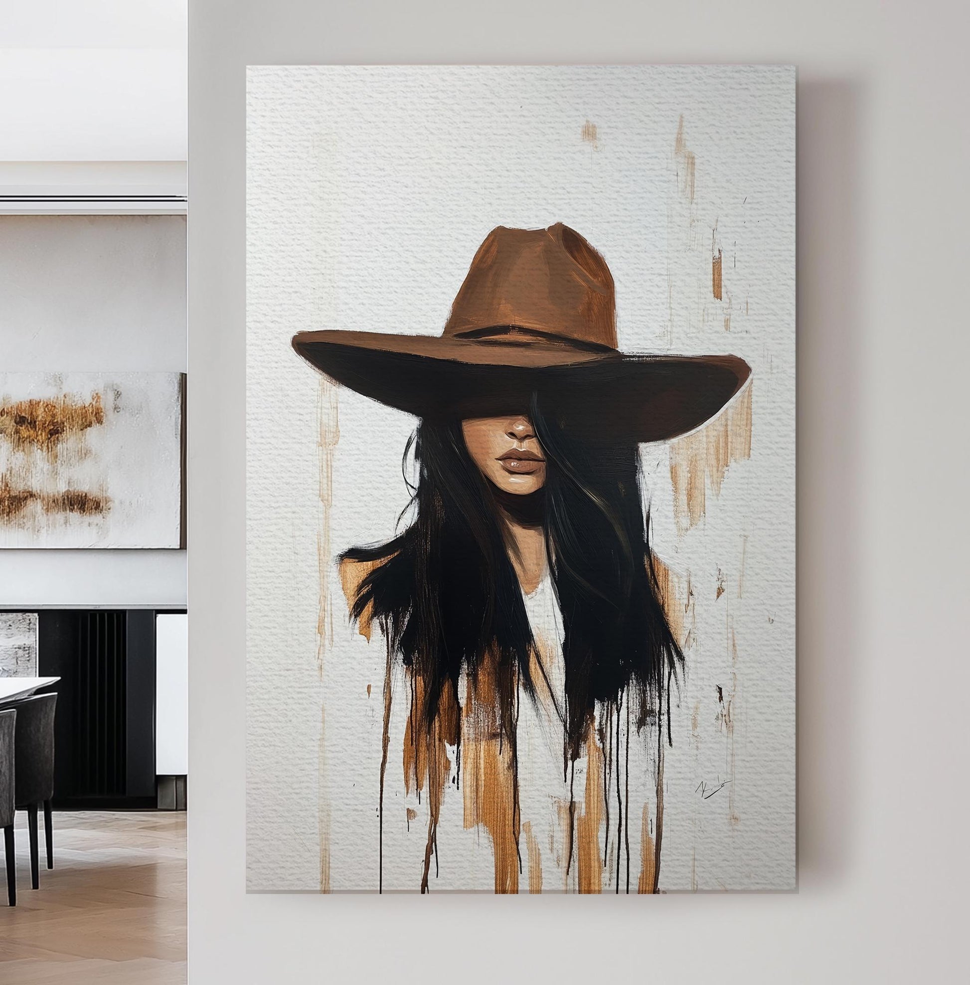Mysterious Woman Canvas Art | Impasto Brushstroke Print | Bohemian Wall Art For Above Couch | Taupe Espresso Art Vertical Canvas