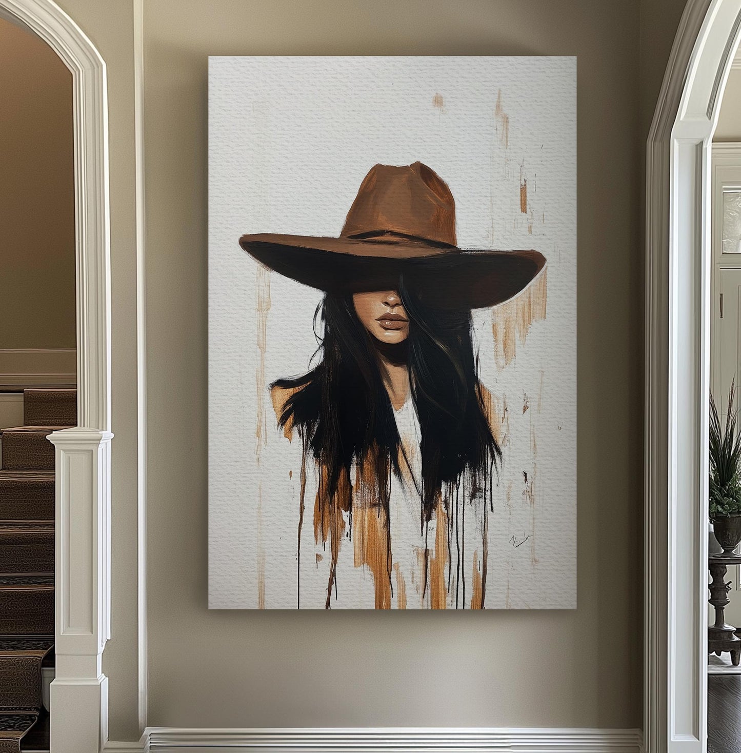 Mysterious Woman Canvas Art | Impasto Brushstroke Print | Bohemian Wall Art For Above Couch | Taupe Espresso Art Vertical Canvas
