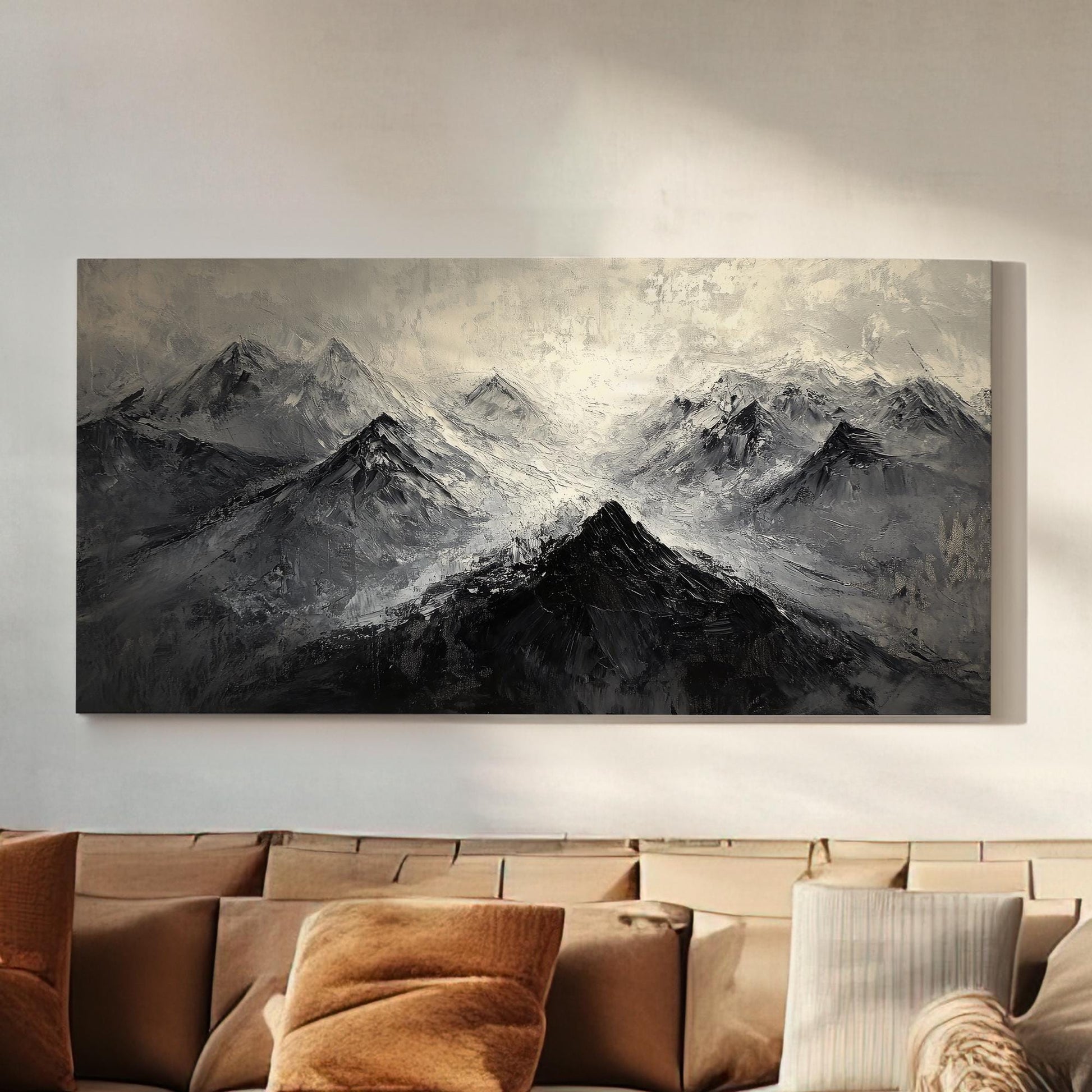 Mountain Range Canvas Art | Impasto Print | Scandinavian Wall Art For Living Room | Charcoal Grey Art Horizontal Art