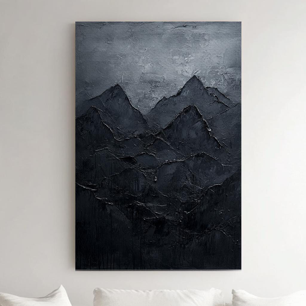 Mountain Range Canvas Art | Impasto Palette Knife Print | Juxtaposition Wall Art For Living Room | Charcoal Grey Art Vertical Canvas