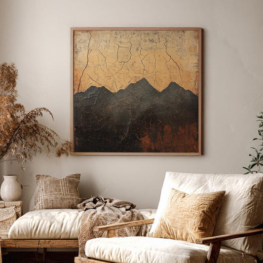 Mountain Range Canvas Art | Crackle Glaze Print | Wabi Sabi Wall Art For Living Room | Smoked Topaz Art Square Canvas Art