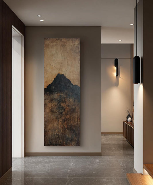Mountain Peak Canvas Art | Impasto Textured Print | Japandi Wall Art For Living Room | Smoked Oak Art Long Vertical Art