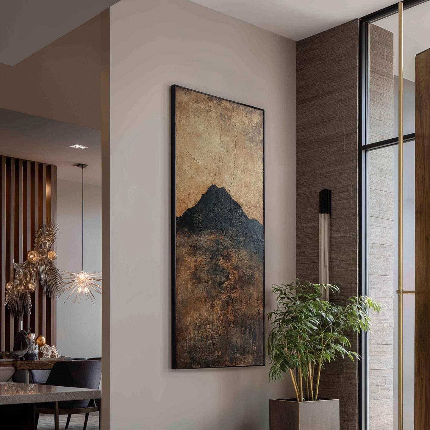 Mountain Peak Canvas Art | Impasto Textured Print | Japandi Wall Art For Living Room | Smoked Oak Art Long Vertical Art