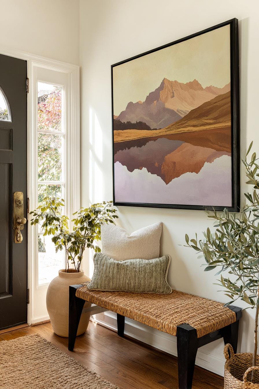 Mountain Lake Reflection Canvas Art | Post Impressionist Print | Japandi Wall Art For Living Room | Lavender Mist Art Square Canvas Art