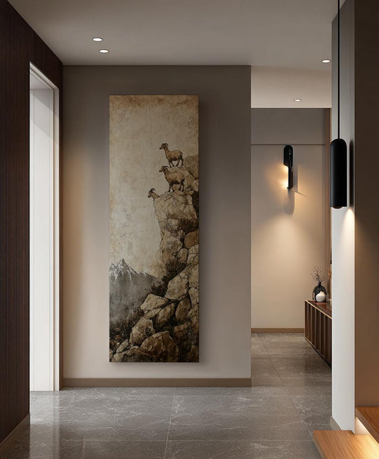 Mountain Goats on a Cliff Canvas Art | Impasto Print | Mountain Modern Wall Art For Living Room | Taupe Smoky Quartz Art Long Vertical Art