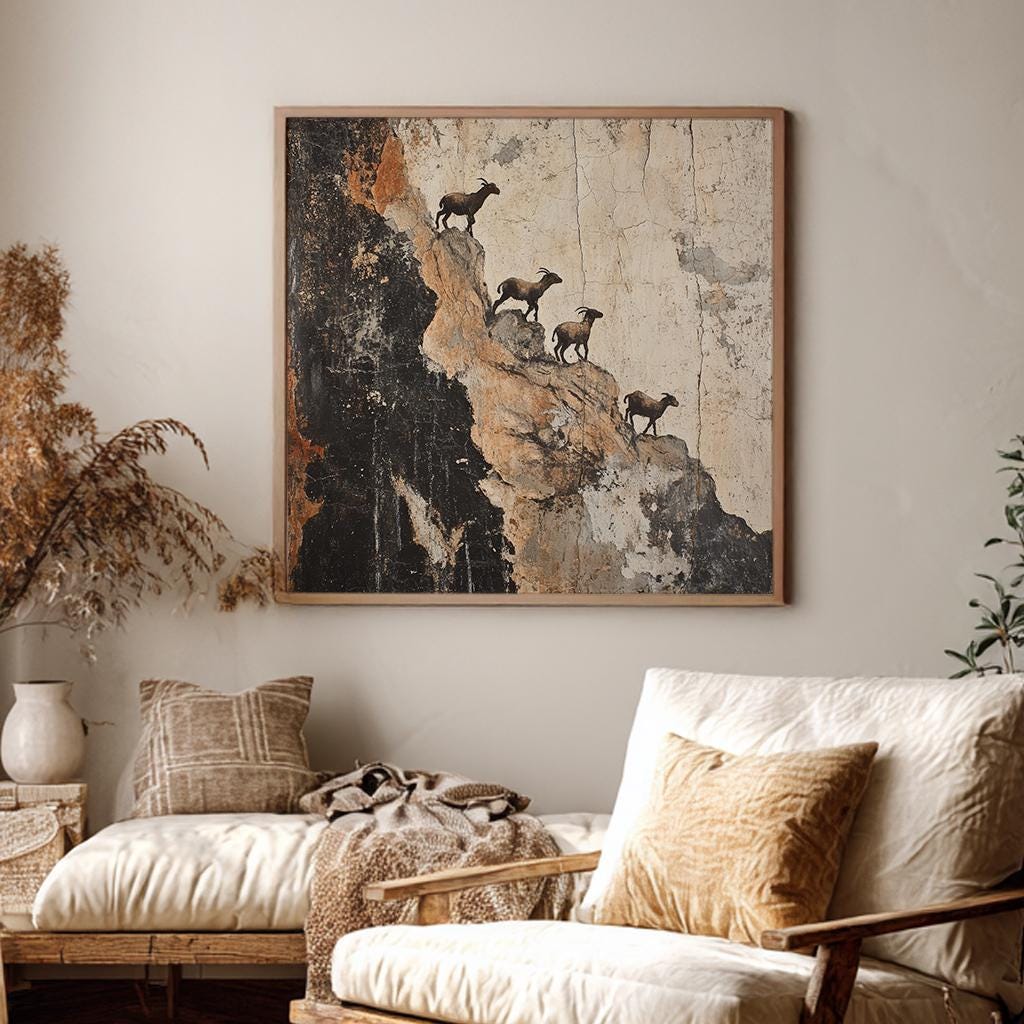 Mountain Goats Canvas Art | Distressed Textured Print | Eclectic Wall Art For Living Room | Sandstone Charcoal Art Square Canvas Art