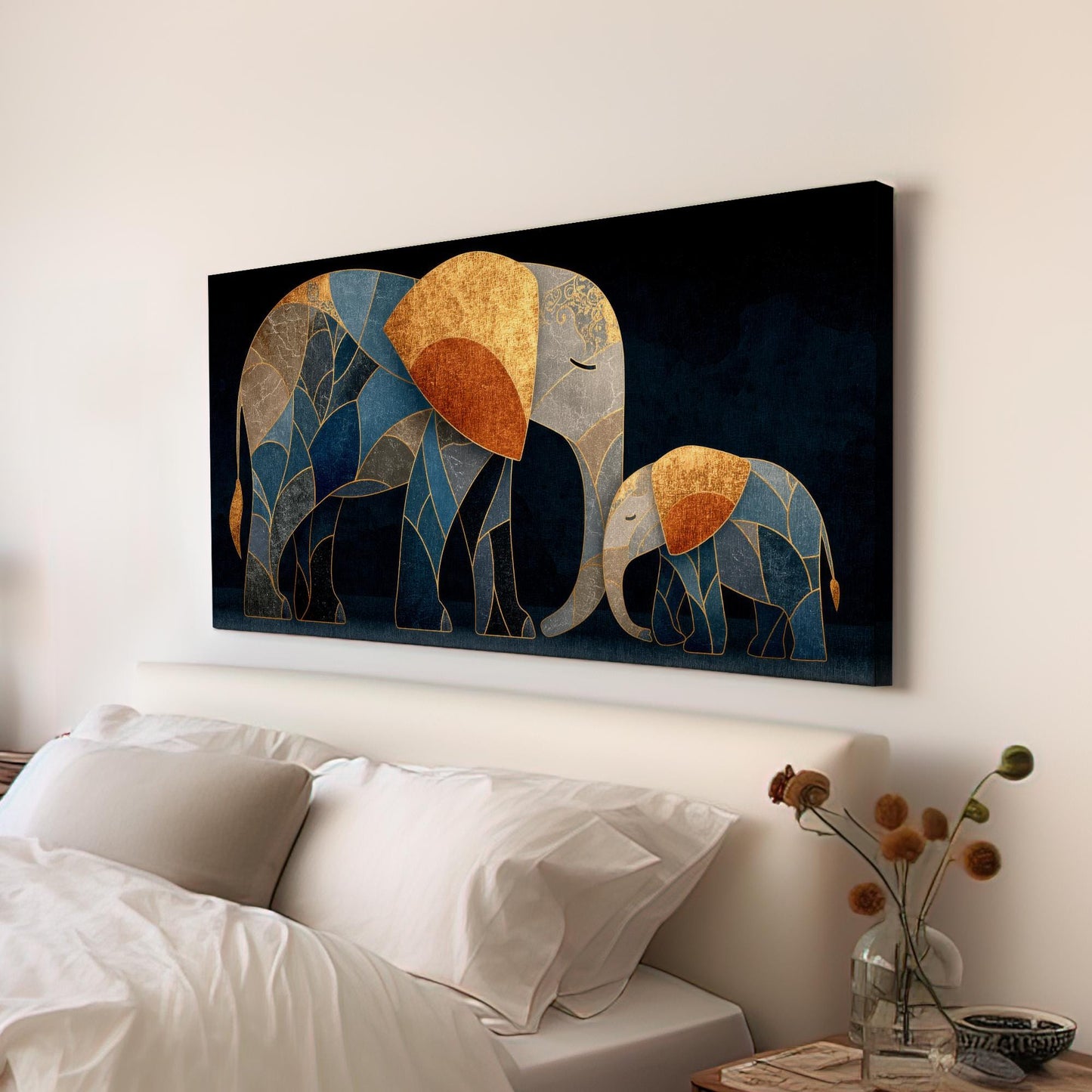 Mother Elephant Calf Canvas Art | Geometric Stained Glass Print | Bohemian Luxe Wall Art For Living Room Horizontal Art