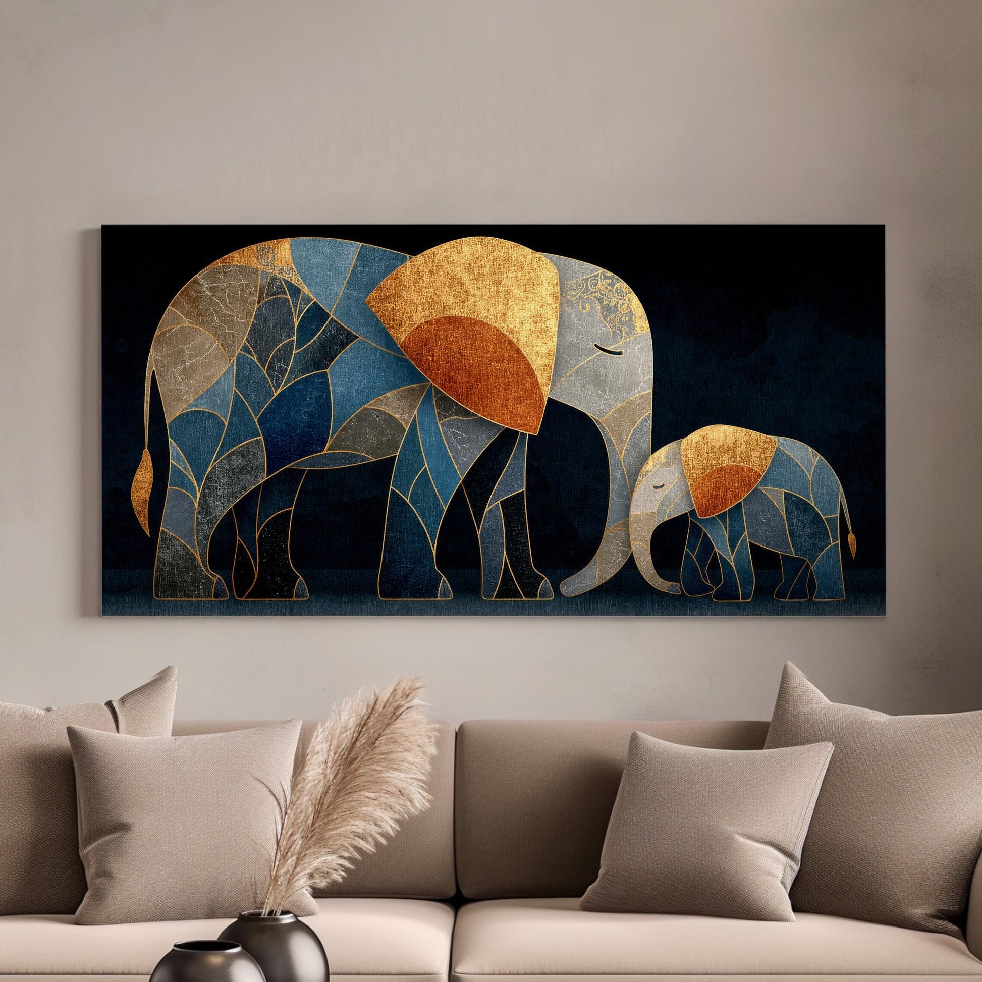 Mother Elephant Calf Canvas Art | Geometric Stained Glass Print | Bohemian Luxe Wall Art For Living Room Horizontal Art