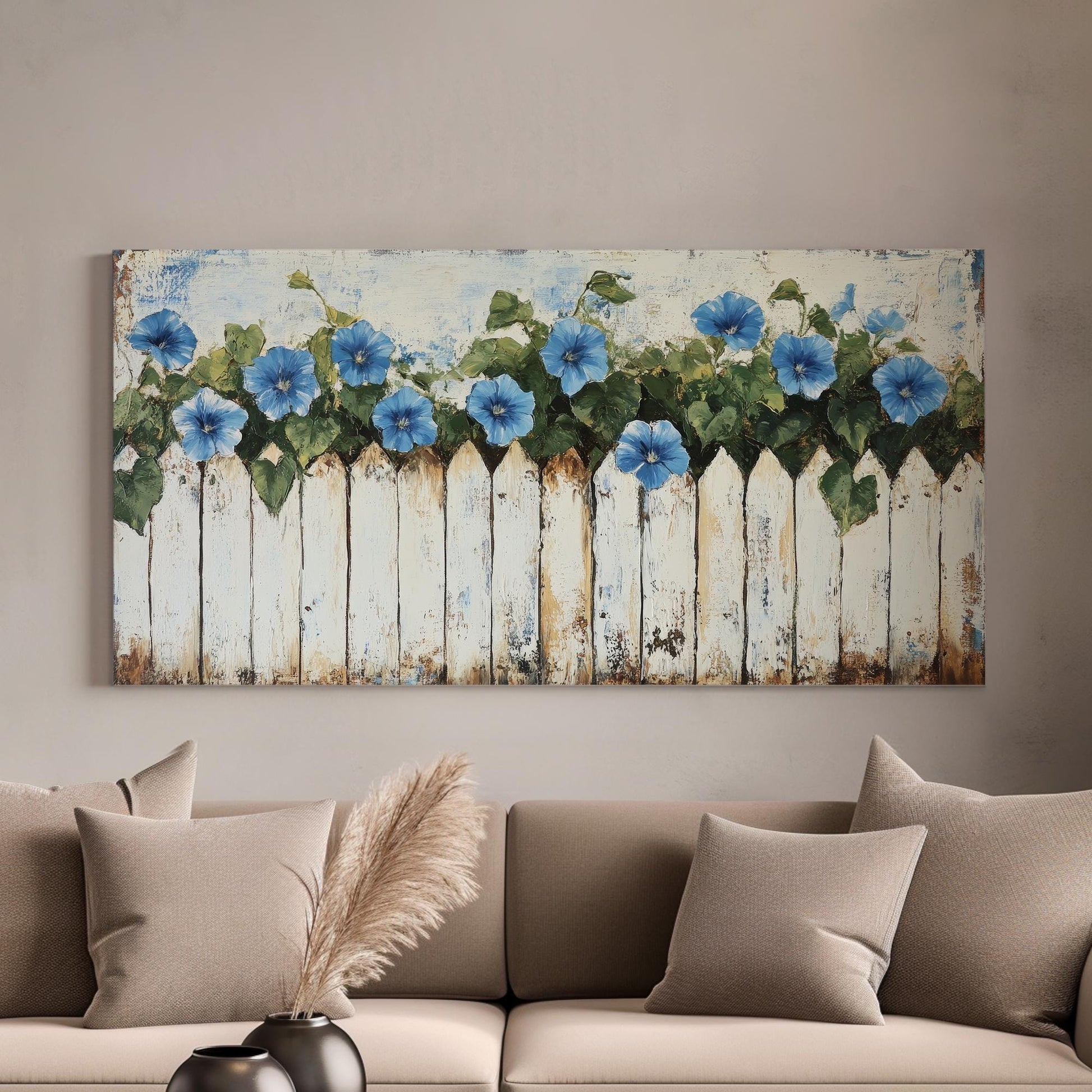Morning Glory Fence | Impasto Palette Knife Print | French Country Wall Art For Living Room | Seashell White Art Horizontal Art