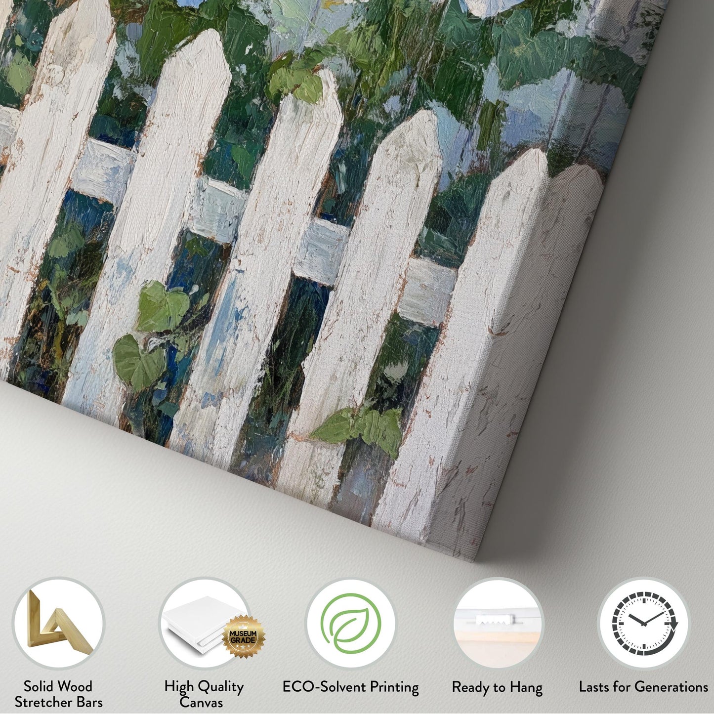 Morning Glories by the Fence Canvas Art | Impasto Print | Hamptons Wall Art For Living Room | Seafoam Whitewash Art Vertical Canvas