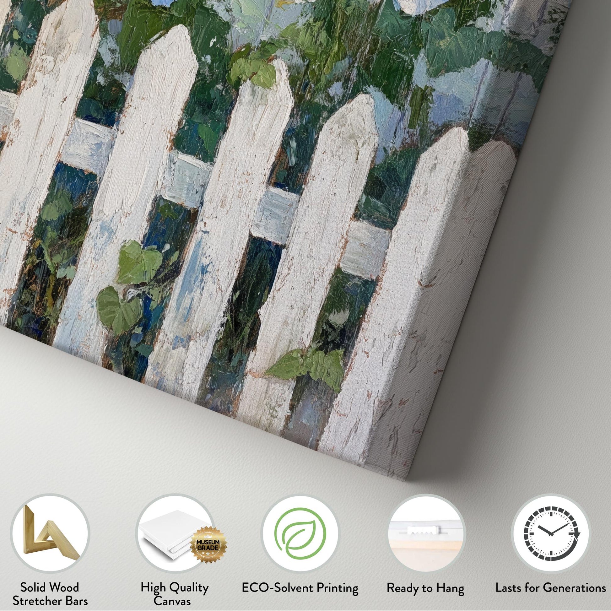 Morning Glories by the Fence Canvas Art | Impasto Print | Hamptons Wall Art For Living Room | Seafoam Whitewash Art Vertical Canvas