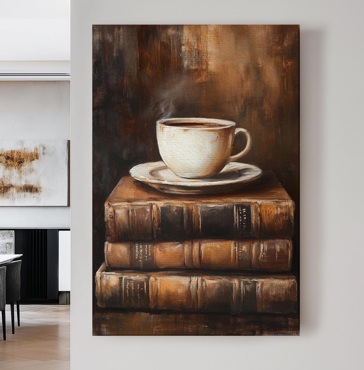 Morning Coffee Still Life Canvas Art | Impasto Print | Bohemian Wall Art For Living Room | Espresso Glaze Art Vertical Canvas