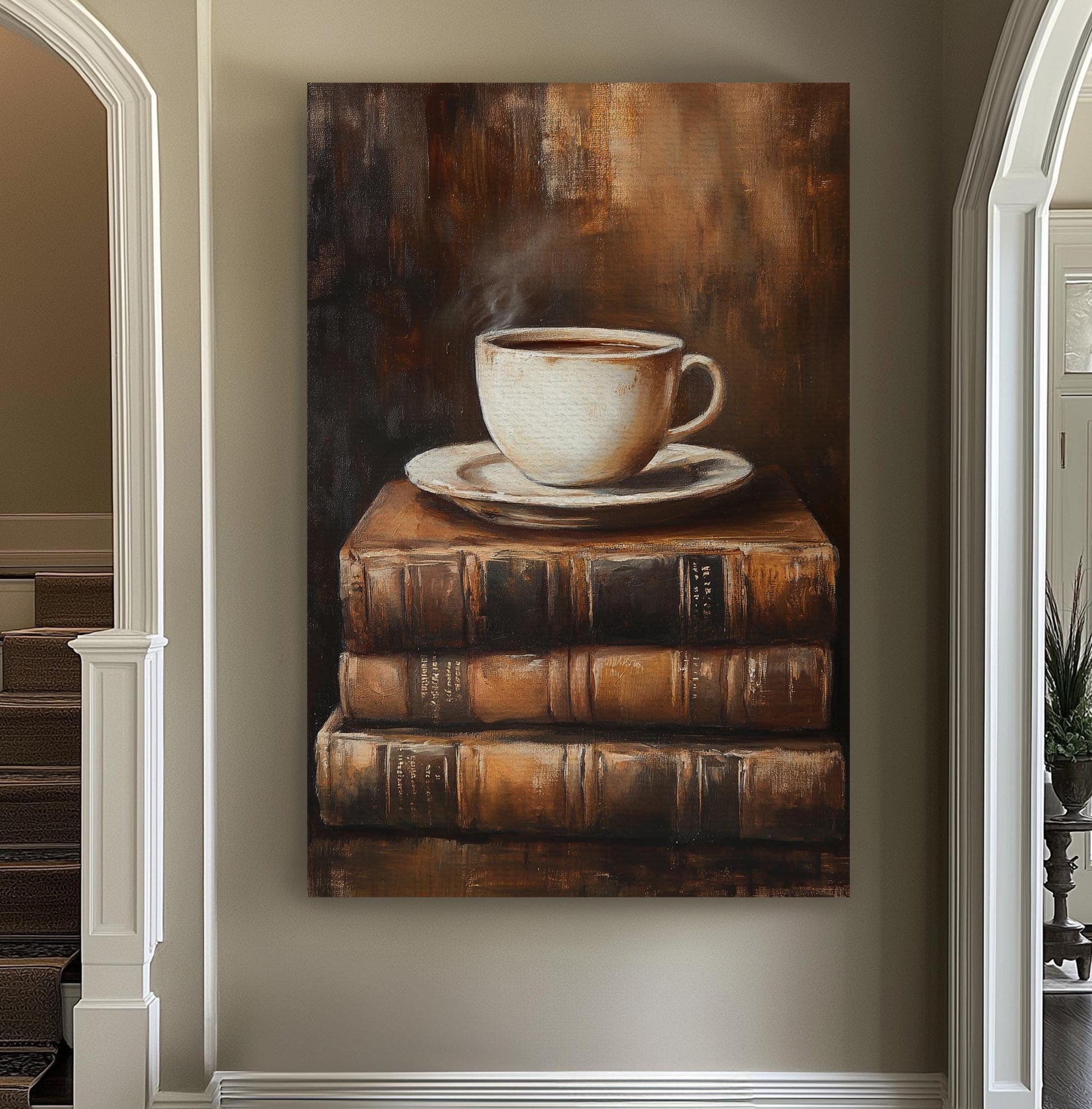 Morning Coffee Still Life Canvas Art | Impasto Print | Bohemian Wall Art For Living Room | Espresso Glaze Art Vertical Canvas