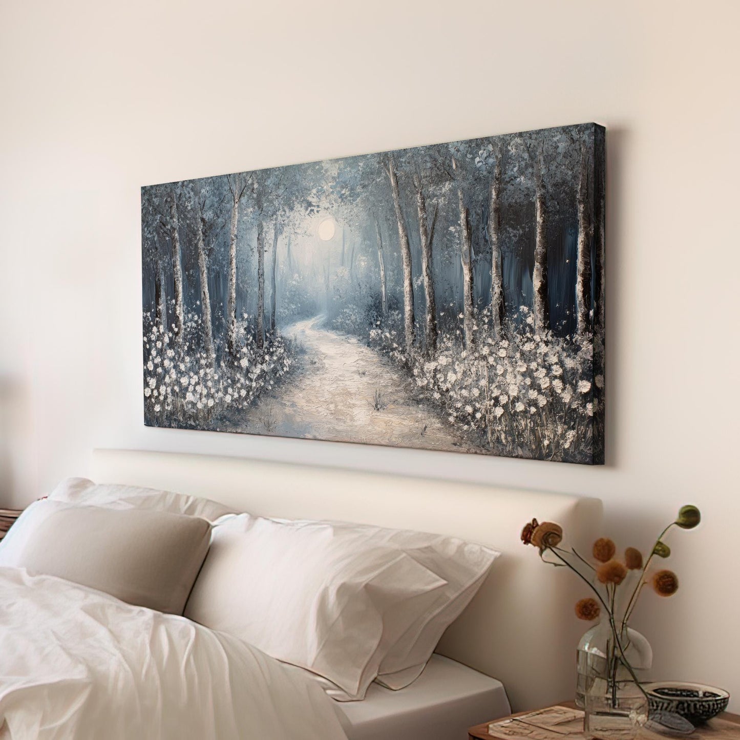 Moonlit Path Canvas Art | Impasto Print | Tranquil Wall Art For Living Room | Silver Linen Art | Modern Zen Decor Horizontal Art
