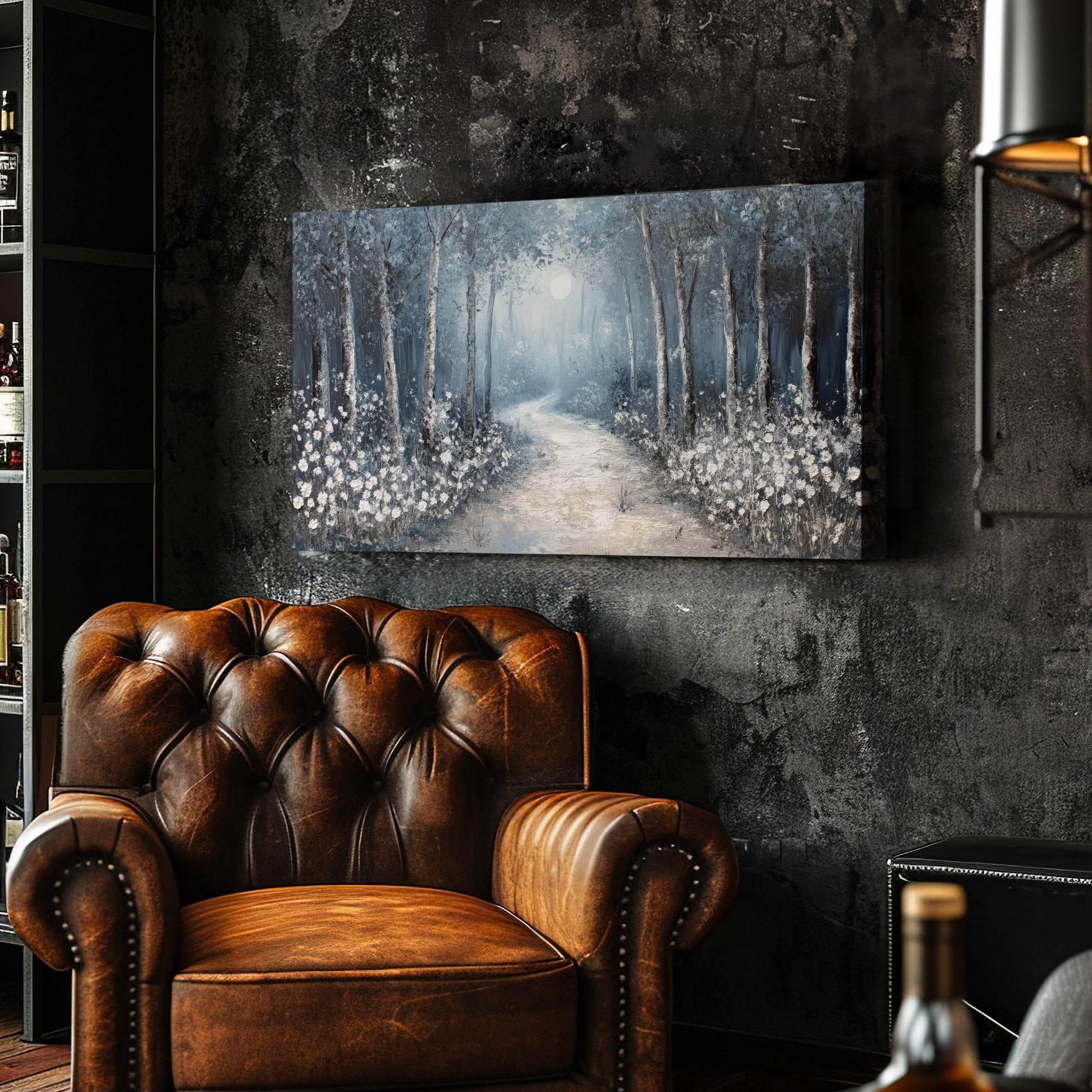 Moonlit Path Canvas Art | Impasto Print | Tranquil Wall Art For Living Room | Silver Linen Art | Modern Zen Decor Horizontal Art