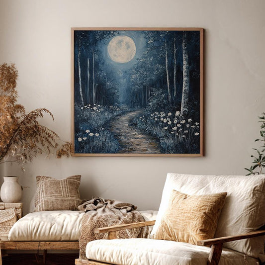 Moonlit Path Canvas Art | Impasto Print | Tranquil Wall Art For Bedroom | Selenite Blue Art | Bohemian Decor Square Canvas Art